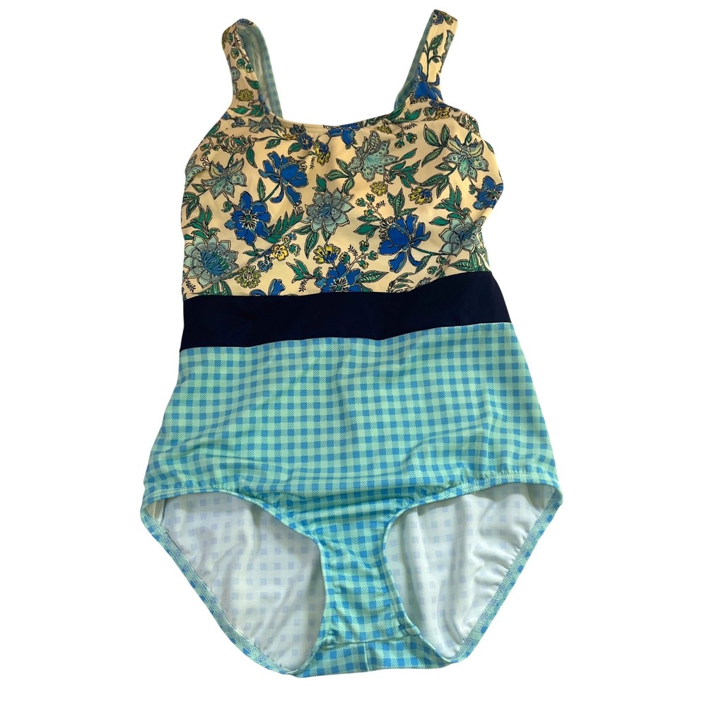Lands End Womens Floral Gingham One Piece Swimsuit Blue Teal Size 8 Mixed Print